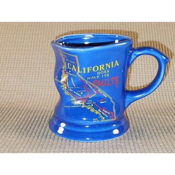 California Does Have Its Faults Earthquake Themed Blue Mug Coffee Cup - Picture 1 of 6